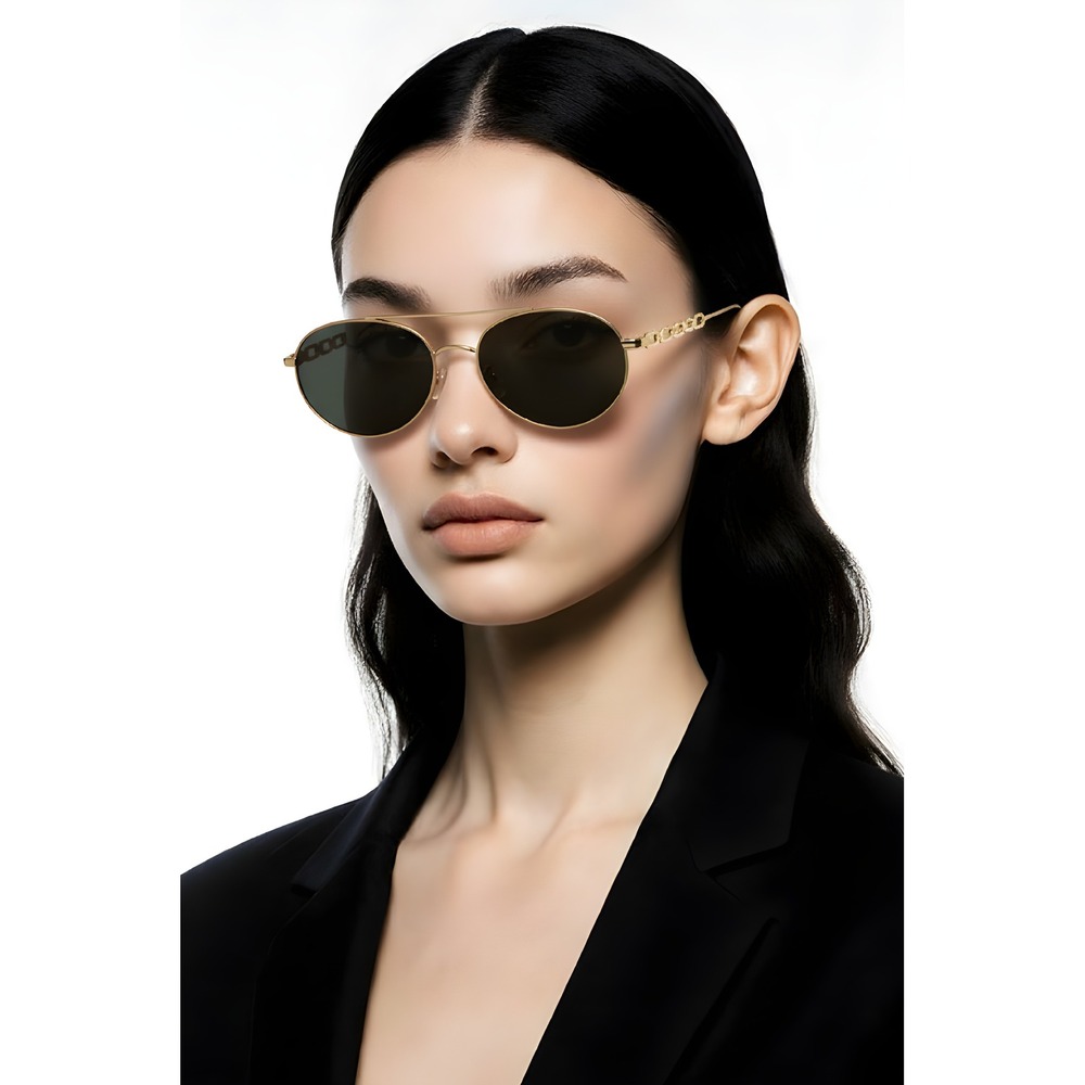 Gold‎ Chain Detail Oval Sunglasses Dark Lenses Aviator Style